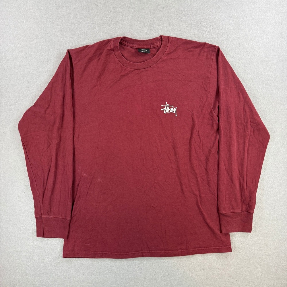 Stussy T-Shirt Mens Medium Maroon Long Sleeve Graphic Logo Back Hit Spell Out